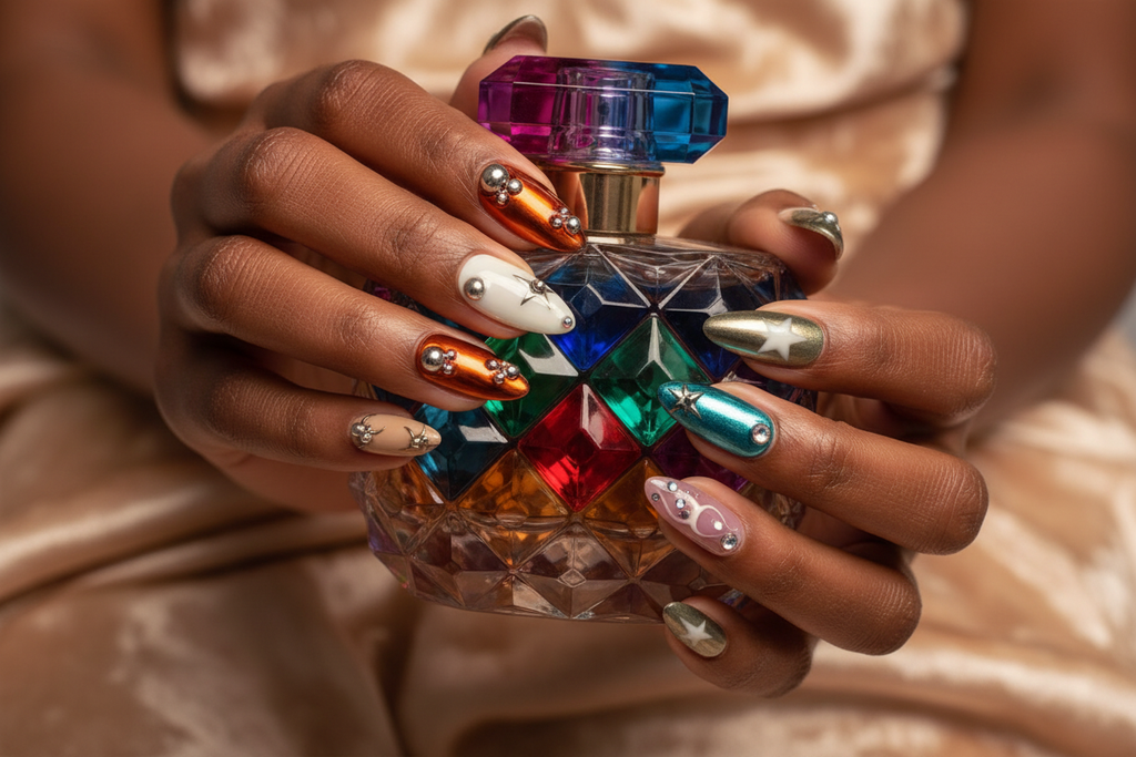 Dark-skin hands wearing multicolor chrome reusable press-on nails holding colorful gem perfume bottle — LuxepressCo