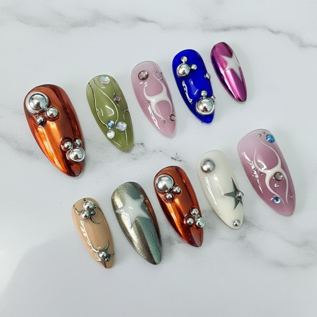 Multicolor chrome Y2K orange blue pink green star rhinestone custom press-on nails almond on marble — LuxepressCo