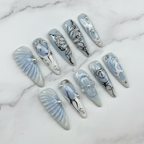 Full set 10 silver butterfly chrome 3D custom press-on nails opal blue stiletto on marble — LuxepressCo
