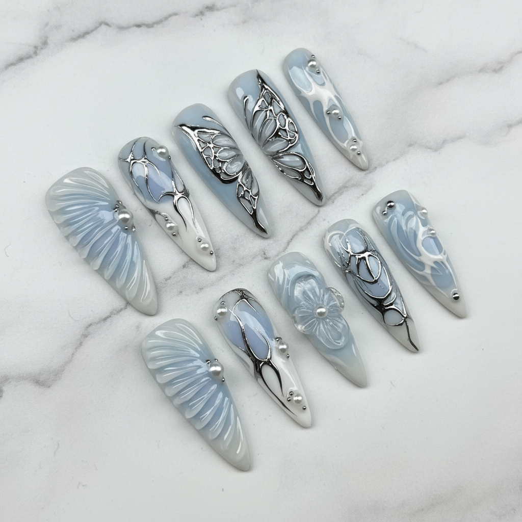 Full set 10 silver butterfly chrome 3D custom press-on nails opal blue stiletto on marble — LuxepressCo