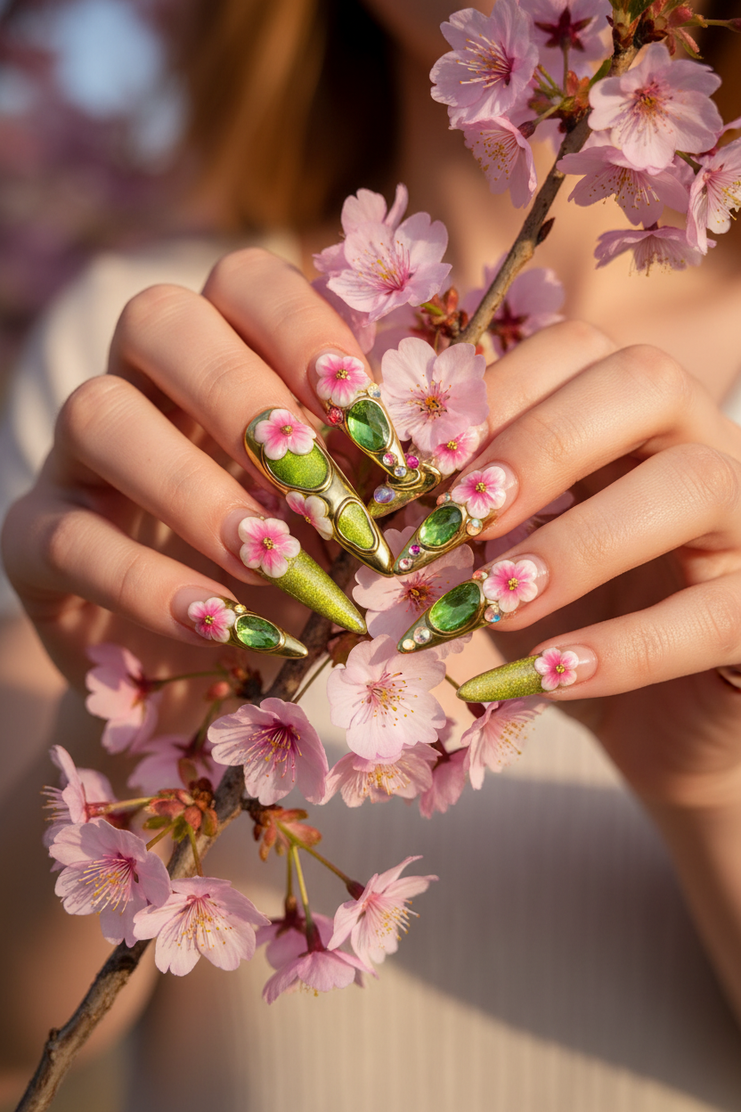Fair-skin lifestyle gold chrome armor green cat-eye cherry blossom custom press-on nails holding cherry blossom branch — LuxepressCo