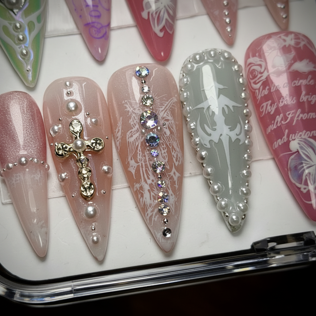 Macro close-up gold cross pearl crystal rhinestone rose butterfly custom press-on nails pink — LuxepressCo