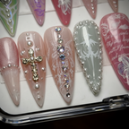 Macro close-up gold cross pearl crystal rhinestone rose butterfly custom press-on nails pink — LuxepressCo