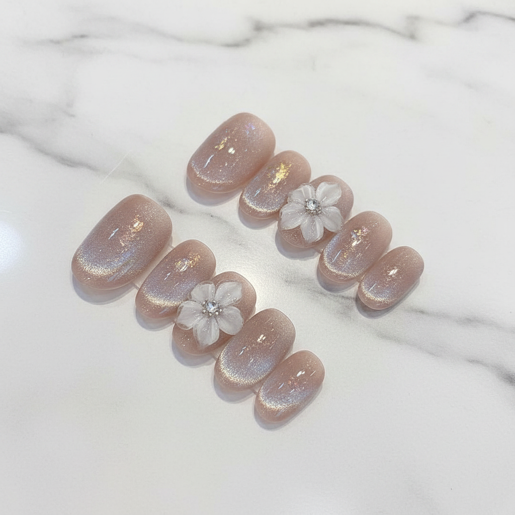 Aurora shimmer custom press-on nails nude beige 3D flower gold foil short oval marble studio — LuxepressCo