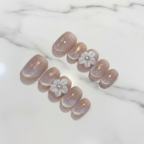 Aurora shimmer custom press-on nails nude beige 3D flower gold foil short oval marble studio — LuxepressCo