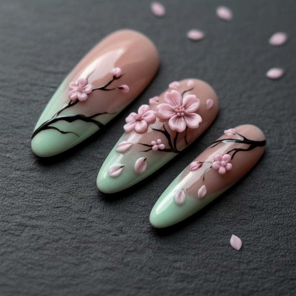 Macro close-up 3D pink sakura flowers press-on nails mint green gradient dramatic lighting — LuxepressCo