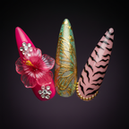 Macro close-up 3D hibiscus flower iridescent butterfly wing foil tiger stripe gold chain press-on nails — custom press-on nails tropical floral — LuxepressCo