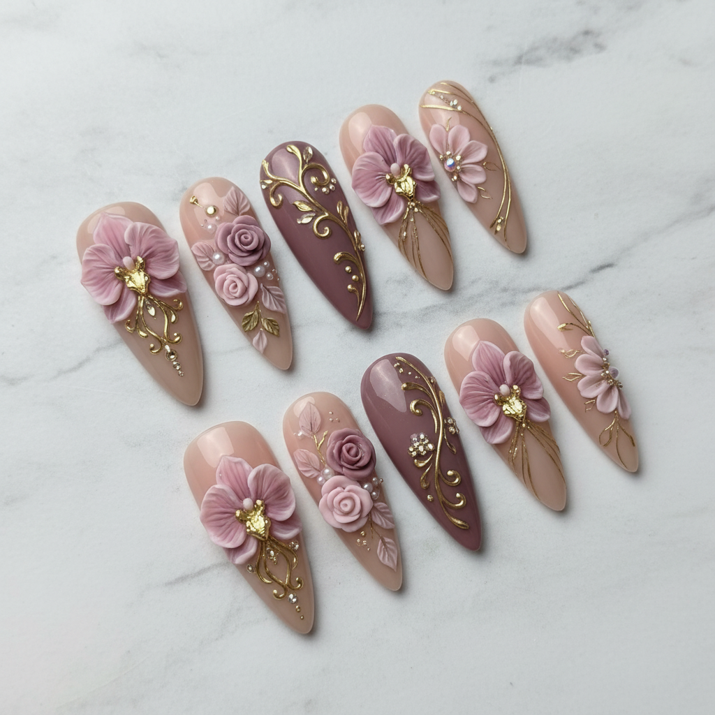 Full set 10 luxury 3D floral pink stiletto custom press-on nails on marble background — LuxepressCo