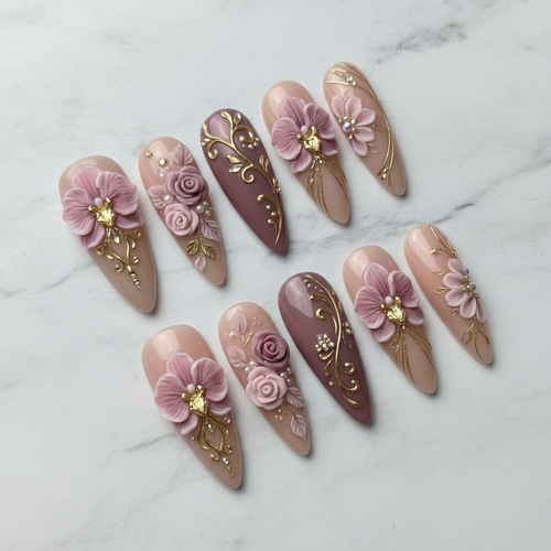 Full set 10 luxury 3D floral pink stiletto custom press-on nails on marble background — LuxepressCo