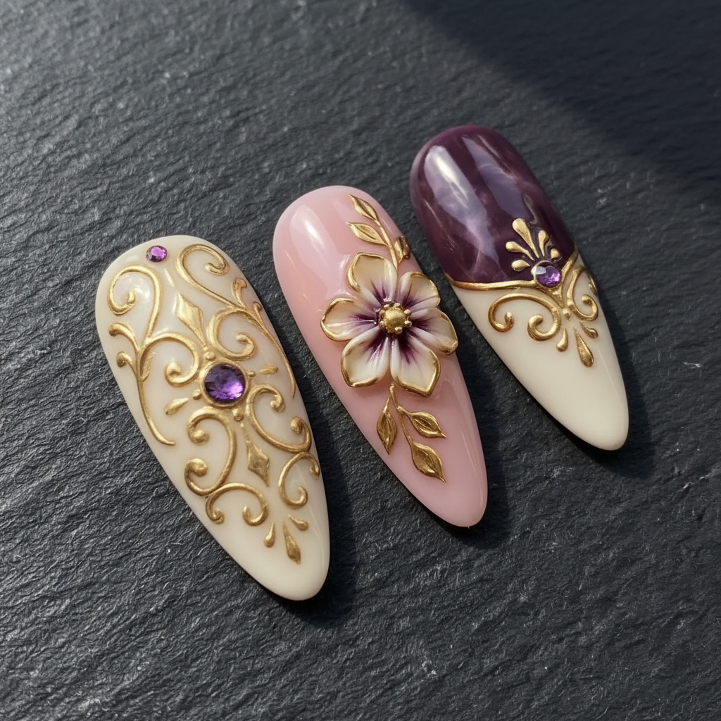 Close-up macro gold baroque filigree amethyst rhinestone 3D ivory flower gold outline custom press-on nails dramatic — LuxepressCo