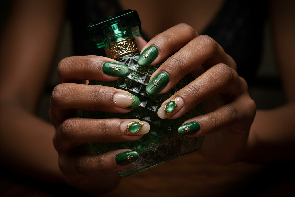 Dark skin hands holding green perfume wearing emerald scarab custom press-on nails inclusive beauty — LuxepressCo