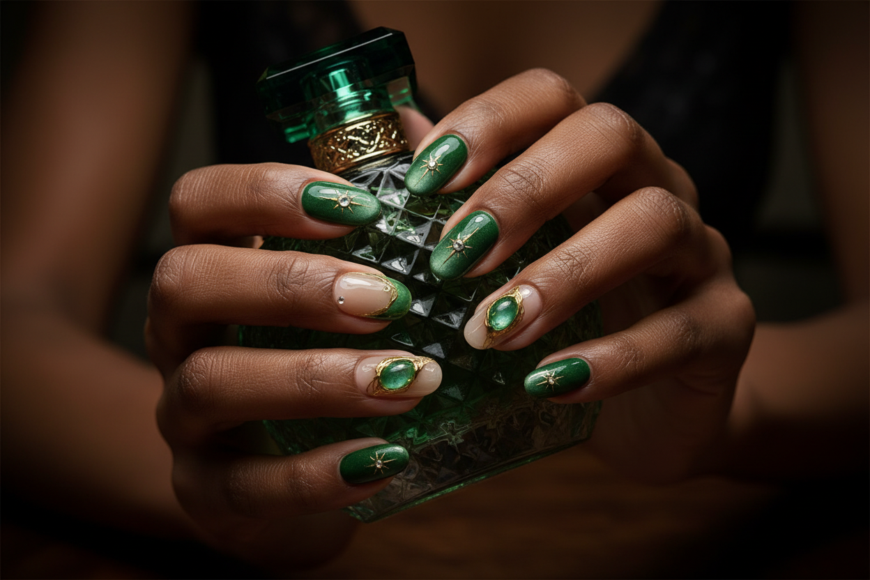 Dark skin hands holding green perfume wearing emerald scarab custom press-on nails inclusive beauty — LuxepressCo
