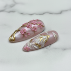 Macro close-up 3D cherry blossom flowers gold branch almond reusable nails marble — LuxepressCo