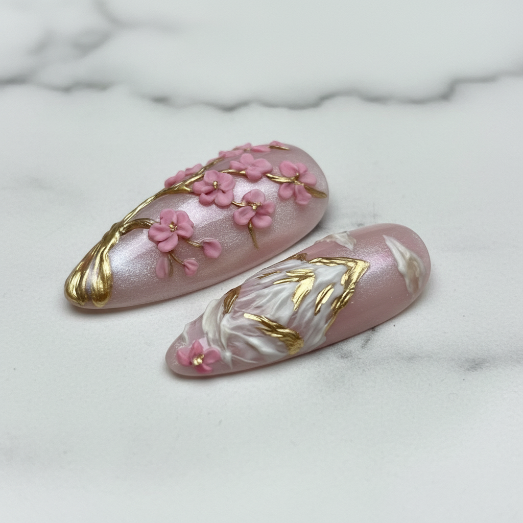 Macro close-up 3D cherry blossom flowers gold branch almond reusable nails marble — LuxepressCo