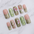 Sage green butterfly floral 3D gold enamel leaf pink chiffon custom press-on nails full set on white marble — LuxepressCo