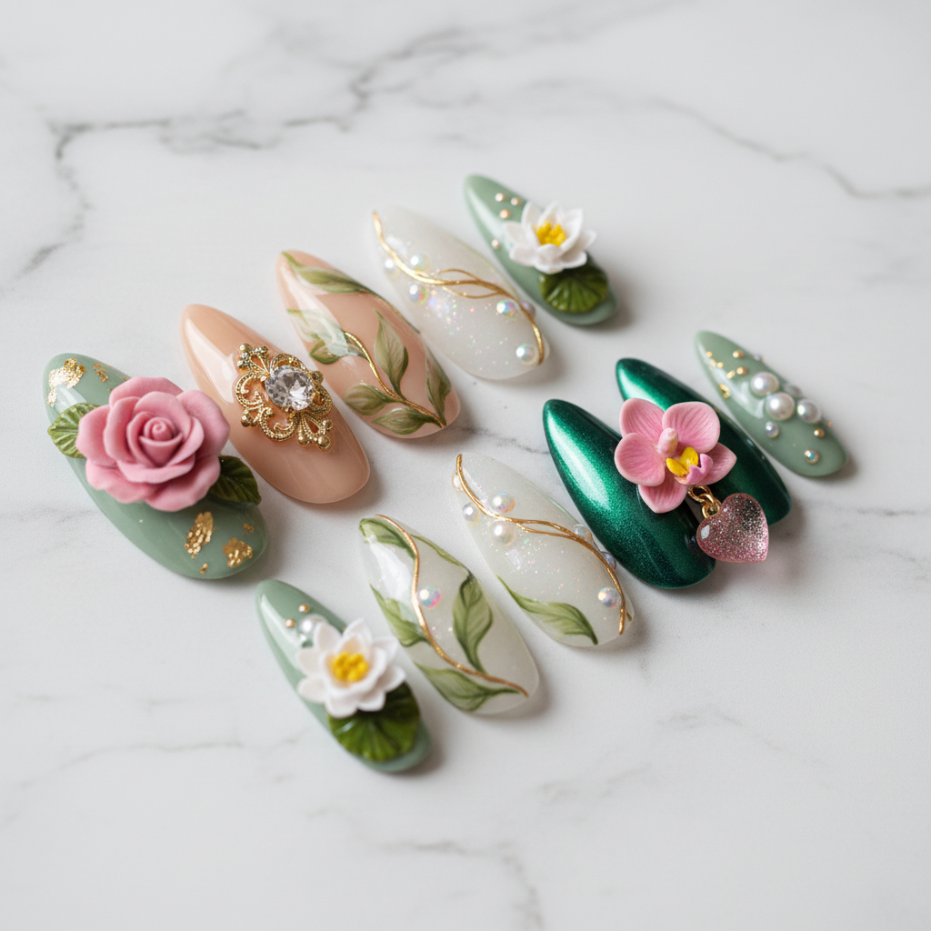 Full set 10 green botanical 3D rose orchid custom press-on nails on marble background — LuxepressCo