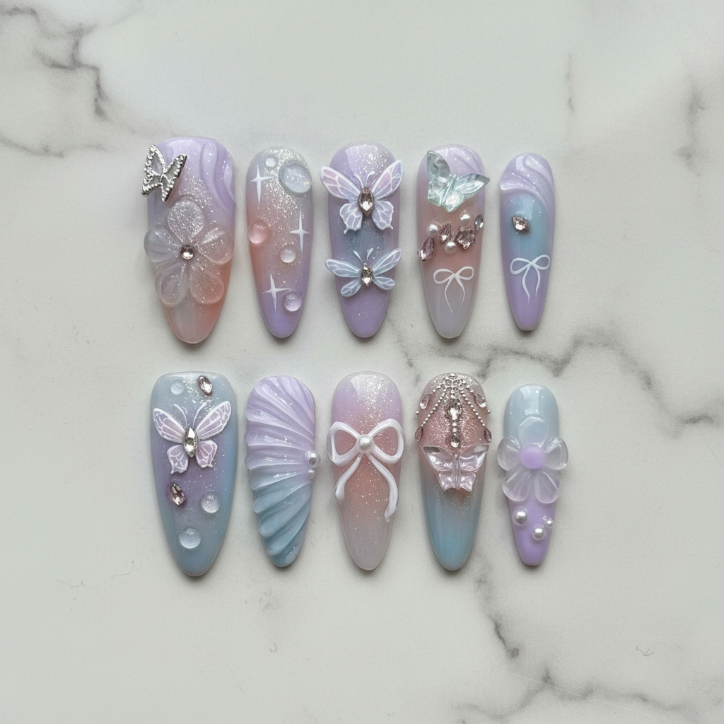 Hero studio shot full set 3D butterfly rhinestone custom press-on nails lavender purple marble background — LuxepressCo