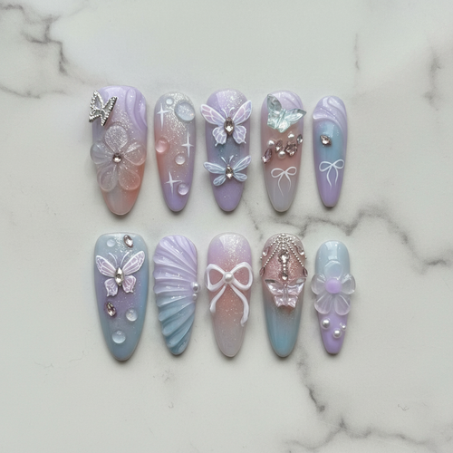 Hero studio shot full set 3D butterfly rhinestone custom press-on nails lavender purple marble background — LuxepressCo