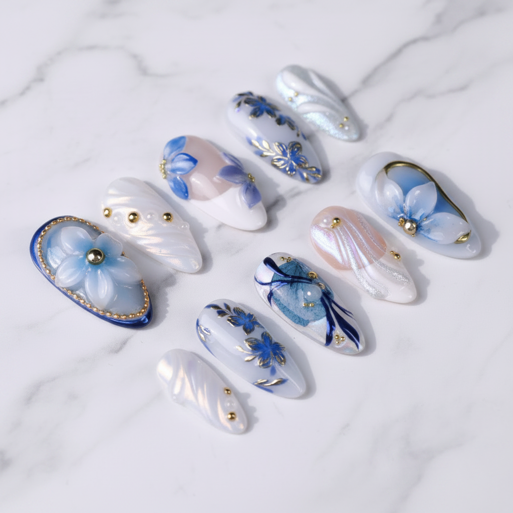 Blue aurora floral press-on nails texture gloss marble custom press-on nails — LuxepressCo