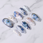 Blue aurora floral press-on nails texture gloss marble custom press-on nails — LuxepressCo