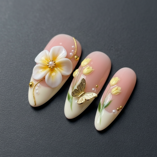 Close-up macro 3D plumeria flower pearl gold butterfly custom press-on nails dark background — LuxepressCo