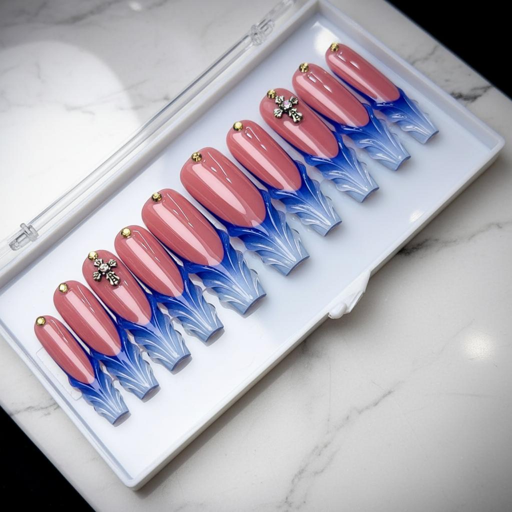 Dusty rose blue flame tip crystal cross gold skull custom press-on nails coffin full set on marble — LuxepressCo