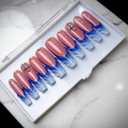 Dusty rose blue flame tip crystal cross gold skull custom press-on nails coffin full set on marble — LuxepressCo