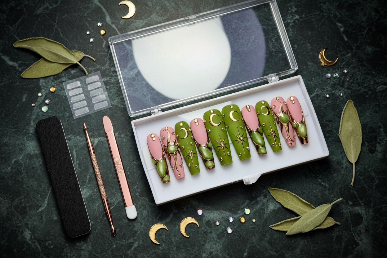 Luxury unboxing acrylic box olive green celestial moon star blush pink press-on nails with accessories — LuxepressCo