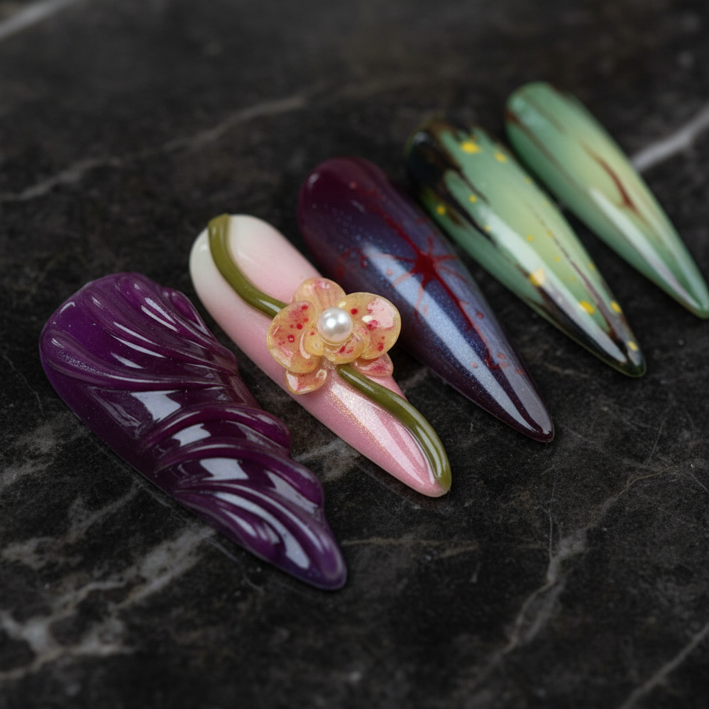 Macro close-up purple marble chrome 3D resin flower salon-quality press-on nails — LuxepressCo
