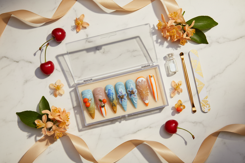 Luxury acrylic box unboxing sky blue orange neon embossed chrysanthemum cherry bee stiletto custom press-on nails with accessories — LuxepressCo