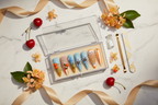 Luxury acrylic box unboxing sky blue orange neon embossed chrysanthemum cherry bee stiletto custom press-on nails with accessories — LuxepressCo