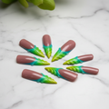 Mauve brown 3D sculptural leaf tip teal lime ombre custom press-on nails stiletto full set on marble — LuxepressCo