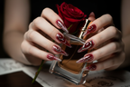 Lifestyle light skin hands wearing crimson jelly stiletto custom press-on nails holding red roses — LuxepressCo