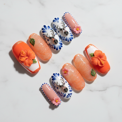 Orange hibiscus Talavera folk art 3D flower custom press-on nails orange French tip full set flat lay — LuxepressCo