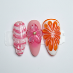 Macro close-up white swirl 3D gel flower gold rhinestone orange citrus nail art — LuxepressCo