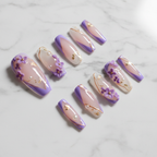 Full set 10 lavender 3D floral coffin custom press-on nails on marble background studio hero shot — LuxepressCo