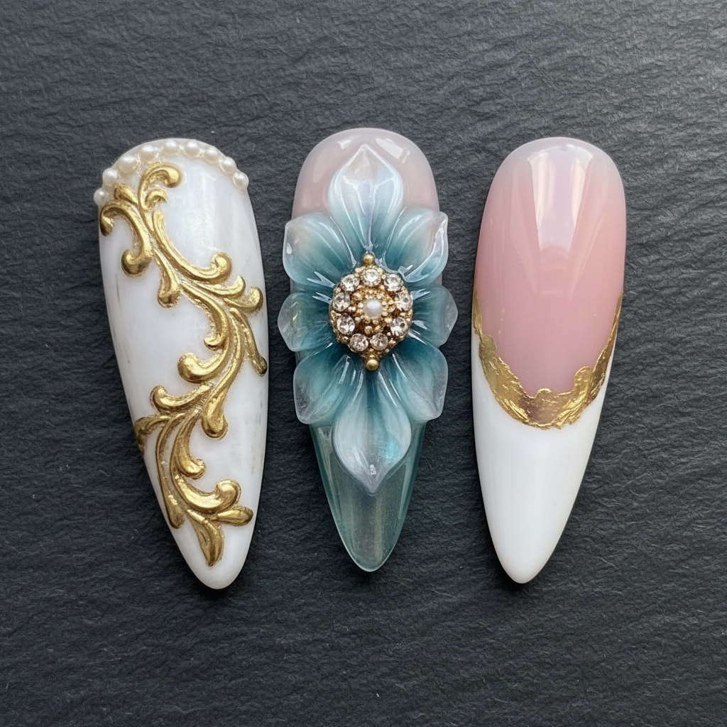 Macro close-up 3D blue flower rhinestone pearl gold baroque custom press-on nails dramatic lighting — LuxepressCo