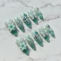 Mint aurora 3D flower silver butterfly press-on nails hero shot white marble studio custom press-on nails — LuxepressCo