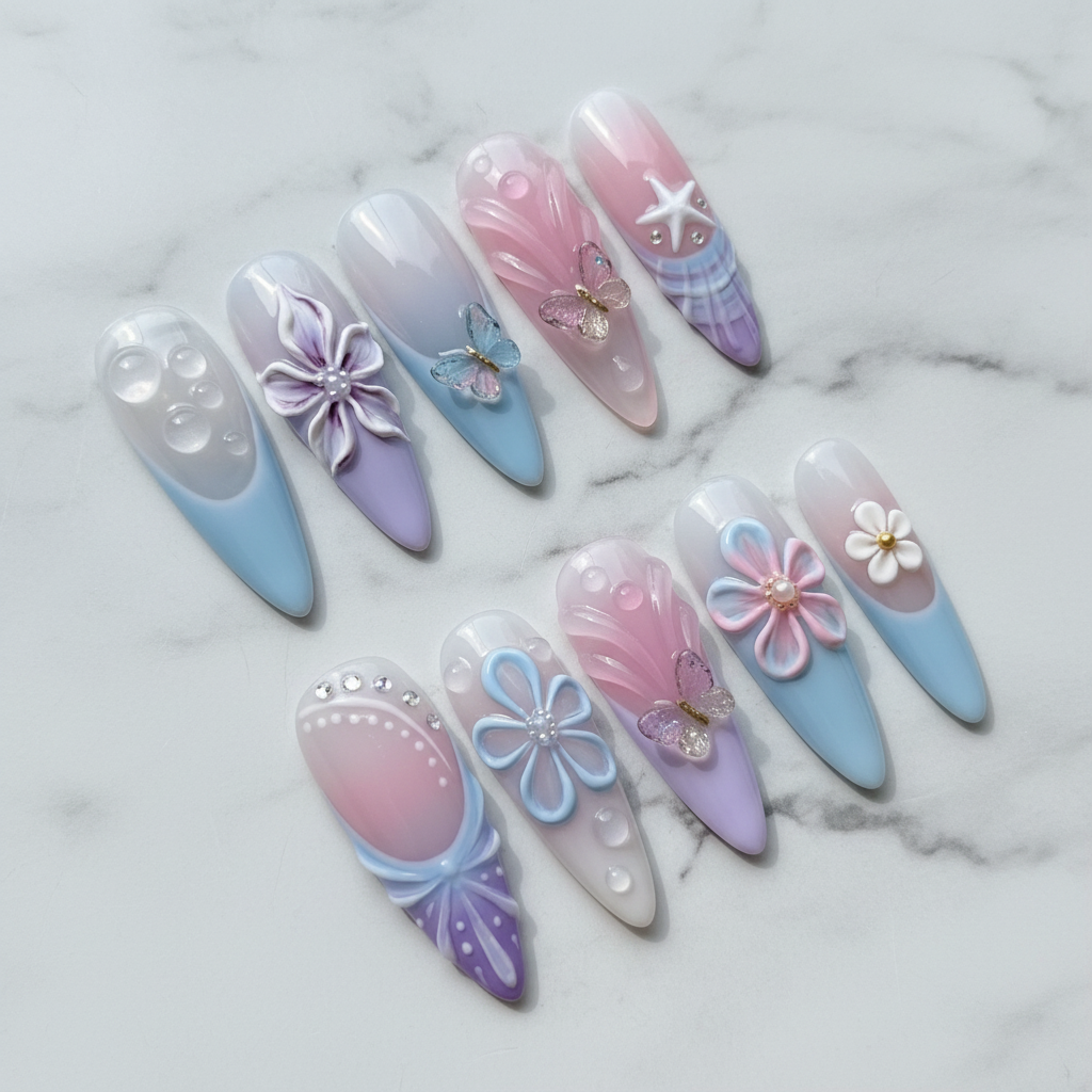 Full set 10 pastel blue lavender pink 3D butterfly mermaid custom press-on nails on marble background — LuxepressCo