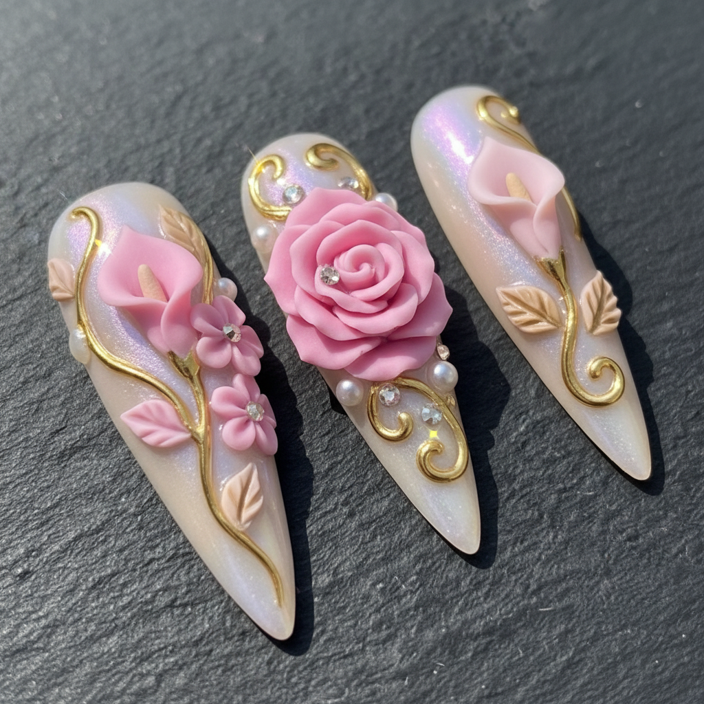 Macro close-up 3D calla lily pearl rhinestone custom press-on nails dramatic lighting — LuxepressCo