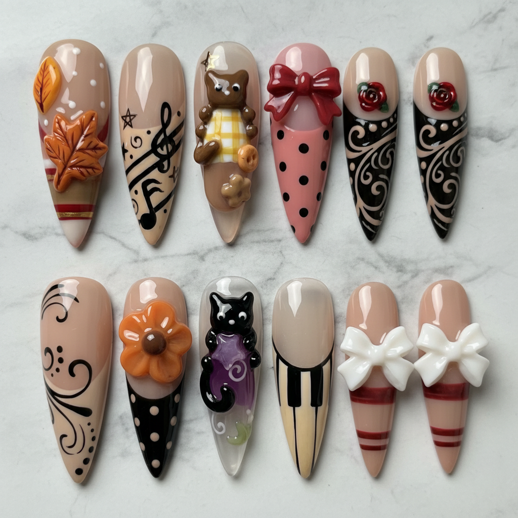 Flat lay top-down full set 10 mixed art custom press-on nails white marble — LuxepressCo