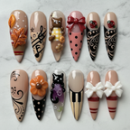 Flat lay top-down full set 10 mixed art custom press-on nails white marble — LuxepressCo