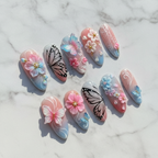 3D sakura blossom butterfly press-on nails full set white marble studio custom press-on nails pink blue — LuxepressCo