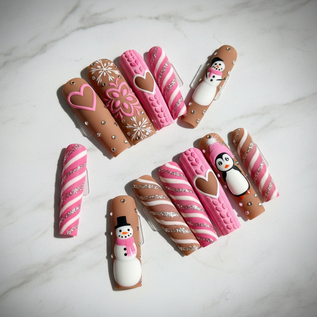 Christmas gingerbread snowman penguin candy cane pink snowflake custom press-on nails coffin full set on marble — LuxepressCo