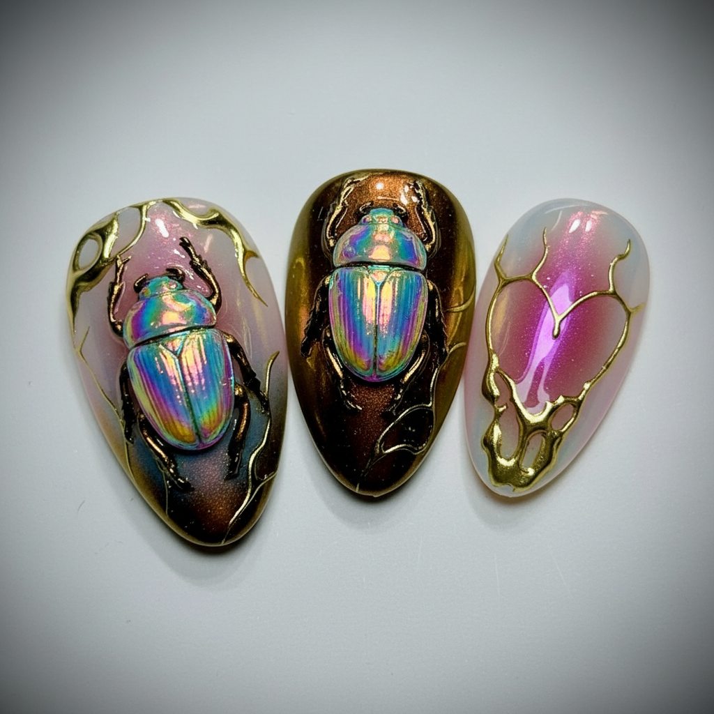Macro close-up gold chrome aurora cat-eye 3D scarab beetle foil marble salon-quality nails detail — LuxepressCo