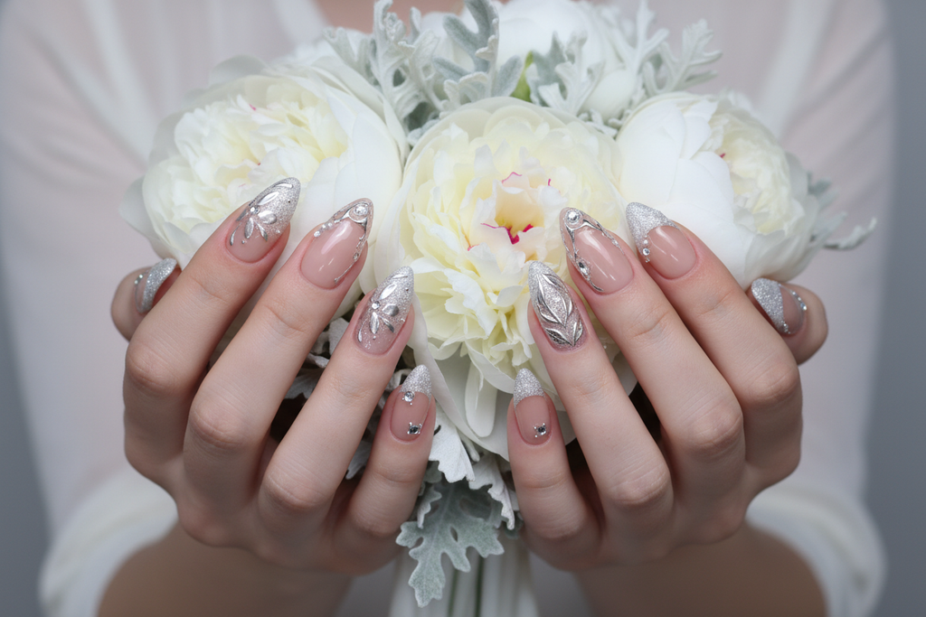 Light skin hands holding white peonies silver leaves wearing silver chrome botanical custom press-on nails — LuxepressCo
