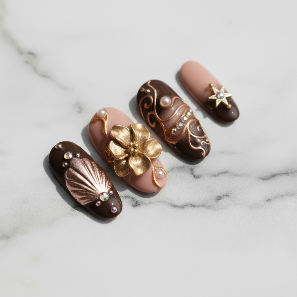 Nude blush chocolate brown ombre gold vine pearl bead star charm texture gloss macro custom press-on nails marble — LuxepressCo