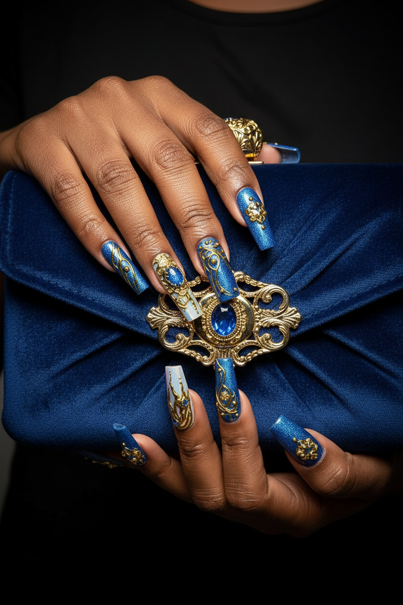 Dark-skin lifestyle royal blue sapphire gold baroque aurora chrome custom press-on nails holding blue velvet clutch — LuxepressCo