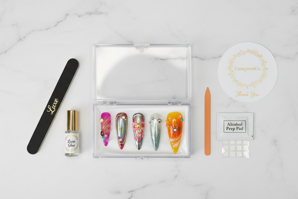 LuxepressCo press-on nail packaging unboxing clear acrylic hinged box chrome holographic nails glue file — custom press-on nails — LuxepressCo
