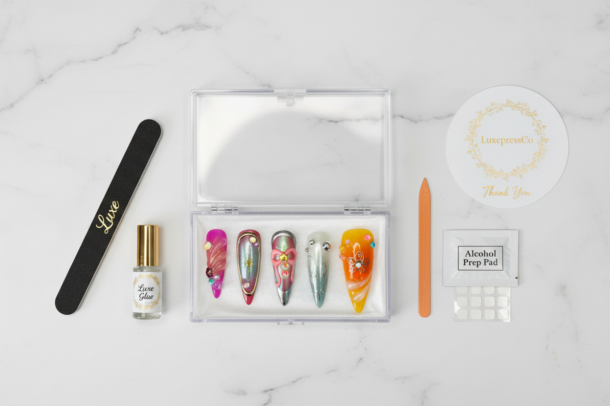 LuxepressCo press-on nail packaging unboxing clear acrylic hinged box chrome holographic nails glue file — custom press-on nails — LuxepressCo